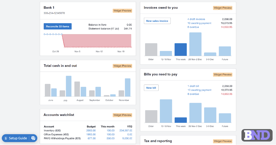 Xero customizable dashboard