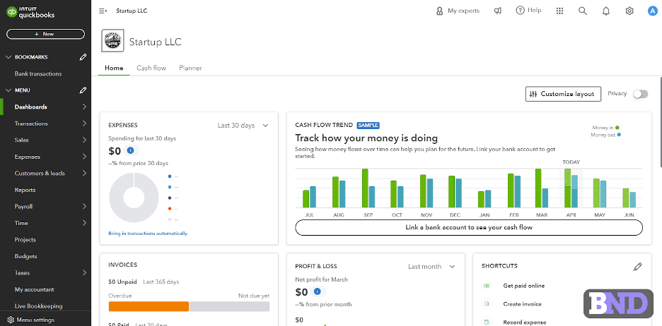 Quickbooks Online dashboard