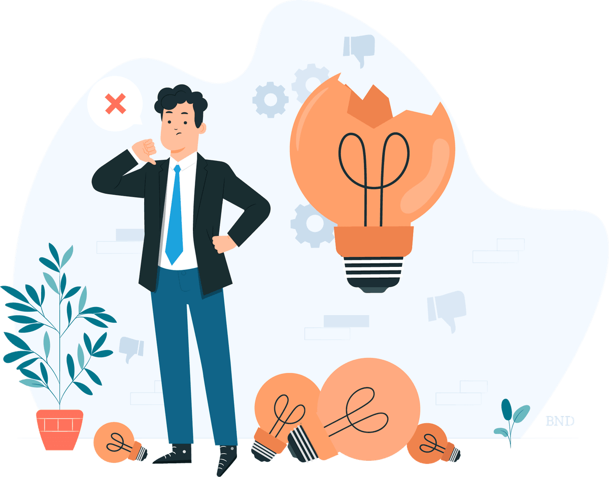 graphic of a businessman next to a series of broken lighbulbs that symbolize ideas