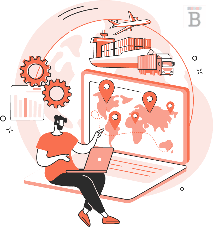 graphic of a person sitting on a large laptop with a world map with pins on it