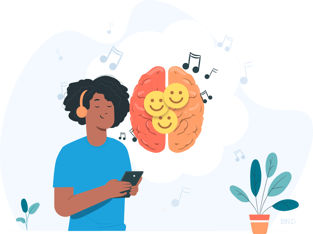 graphic of a person listening to music next to a brain with smiley faces on it