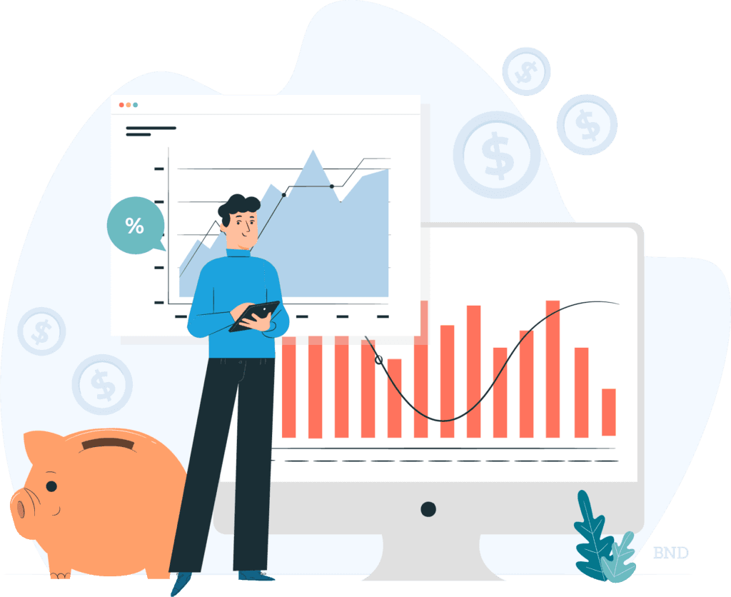 graphic of a businessperson standing in front of graphs