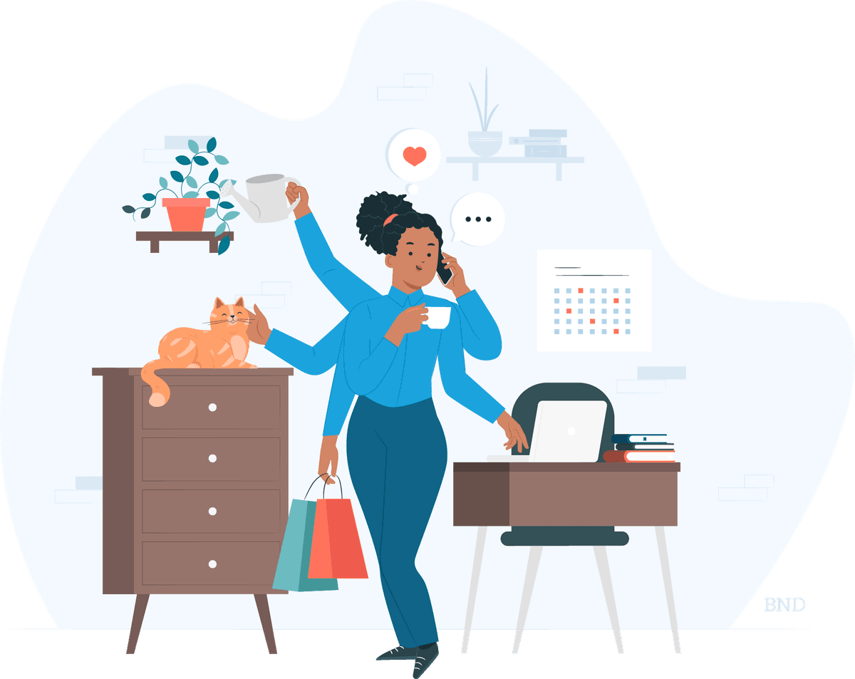 graphic of a woman with multiple arms juggling work and home life