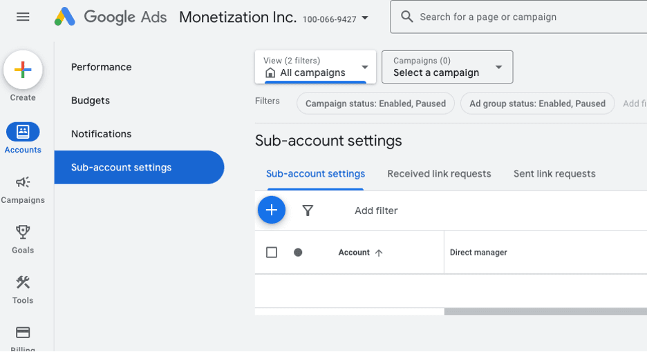 Google Ad Manager blue plus sign adding an account