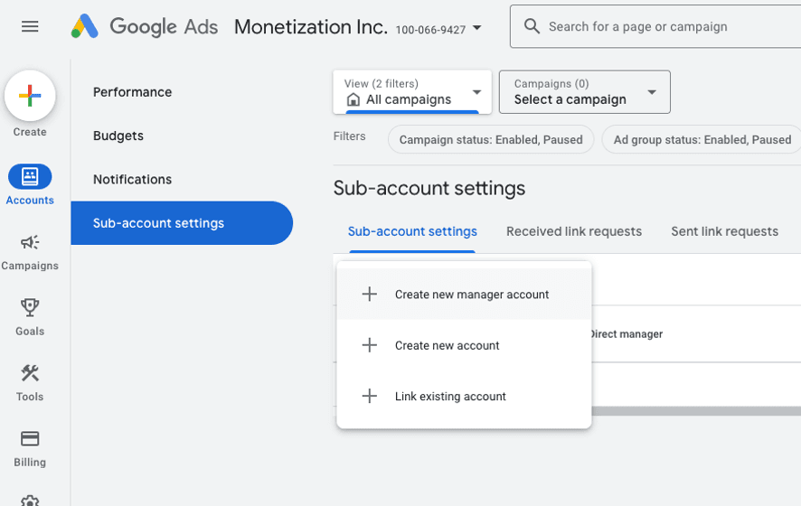 Google Ad Manager create a new manager account