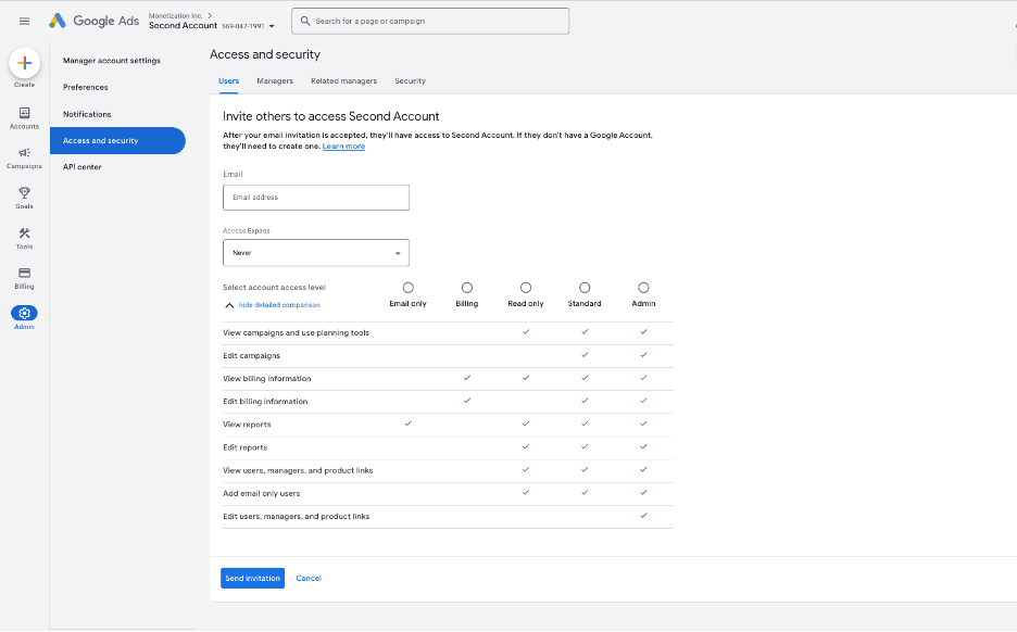 Google Ad Manager send invitation