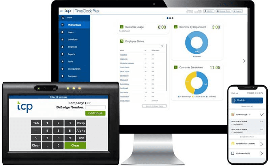 TimeClock plus on a desktop, tablet, and mobile device