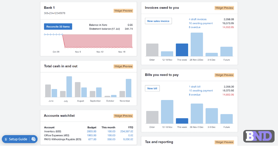 Xero customizable dashboard