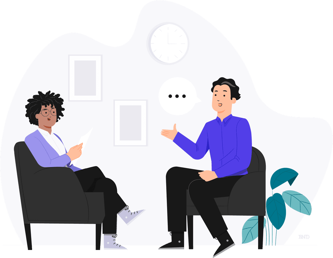 graphic of two colleagues talking to each other while sitting in chairs