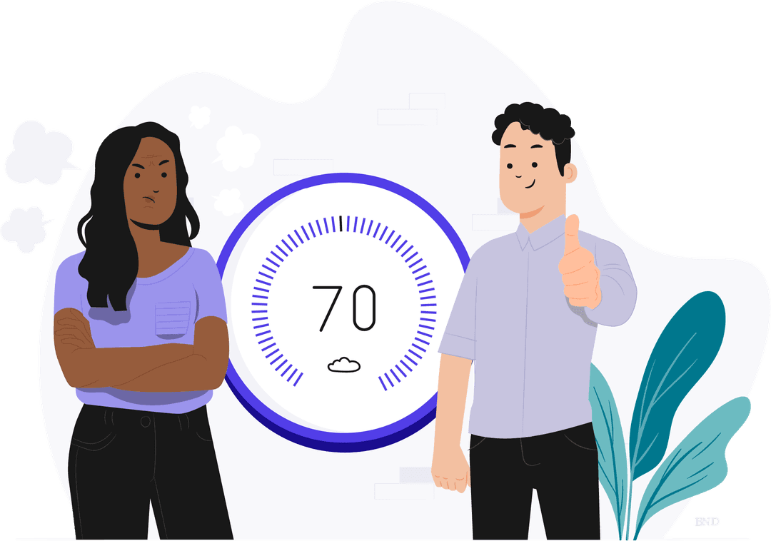 graphic of on person frowning and one person smiling next to a thermostat reading of 70 degrees