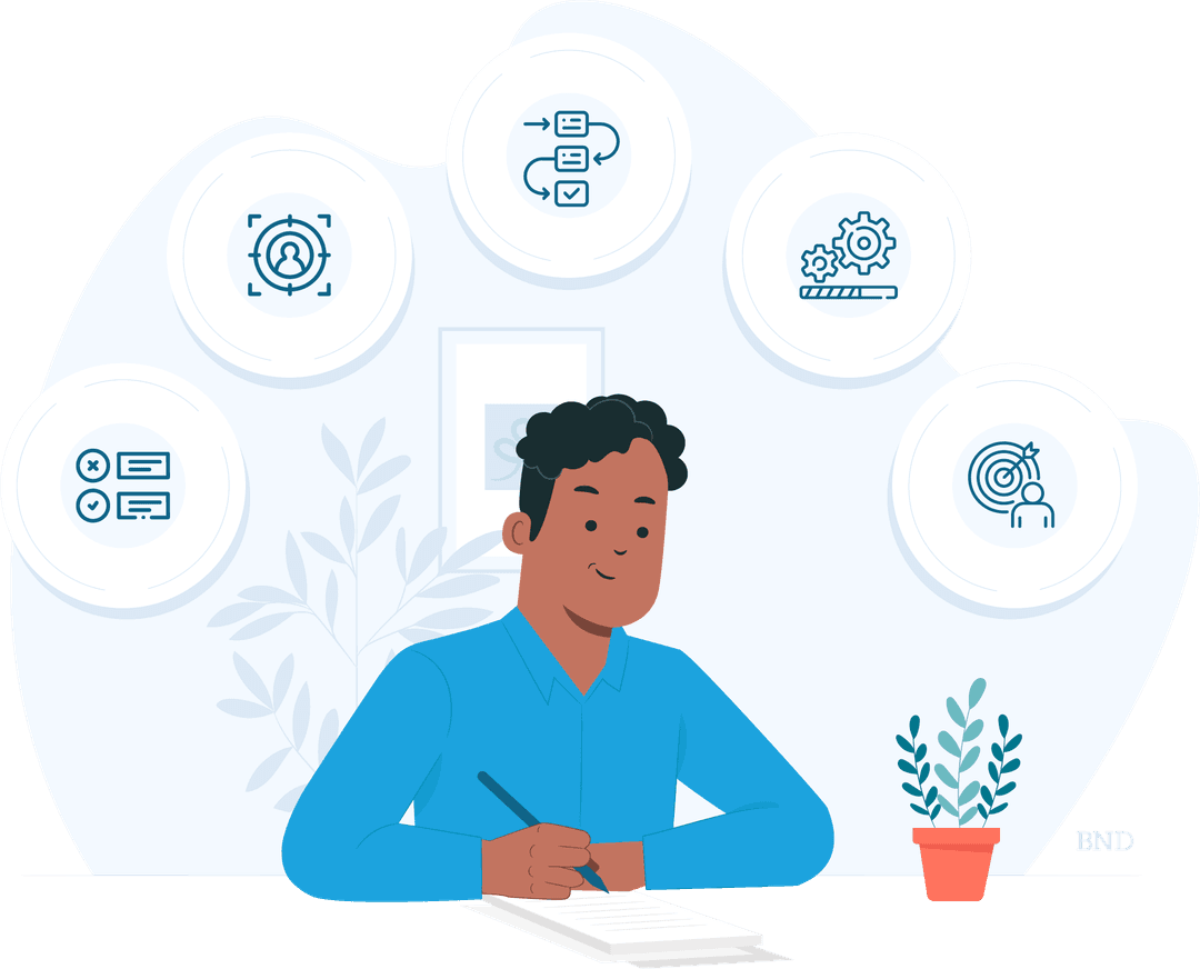 graphic of a man sitting at a desk writing ideas