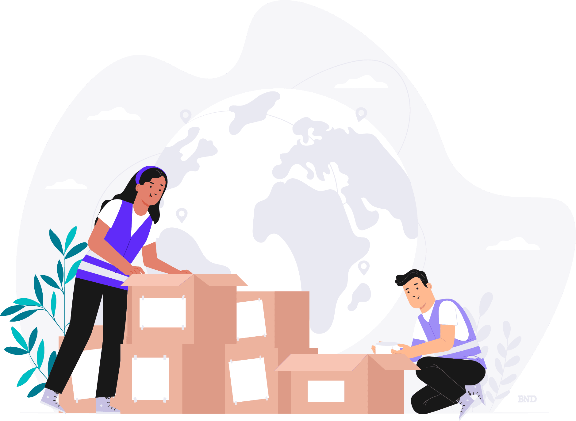 graphic of two colleagues putting items into cardboard boxes with an image of a globe in the background