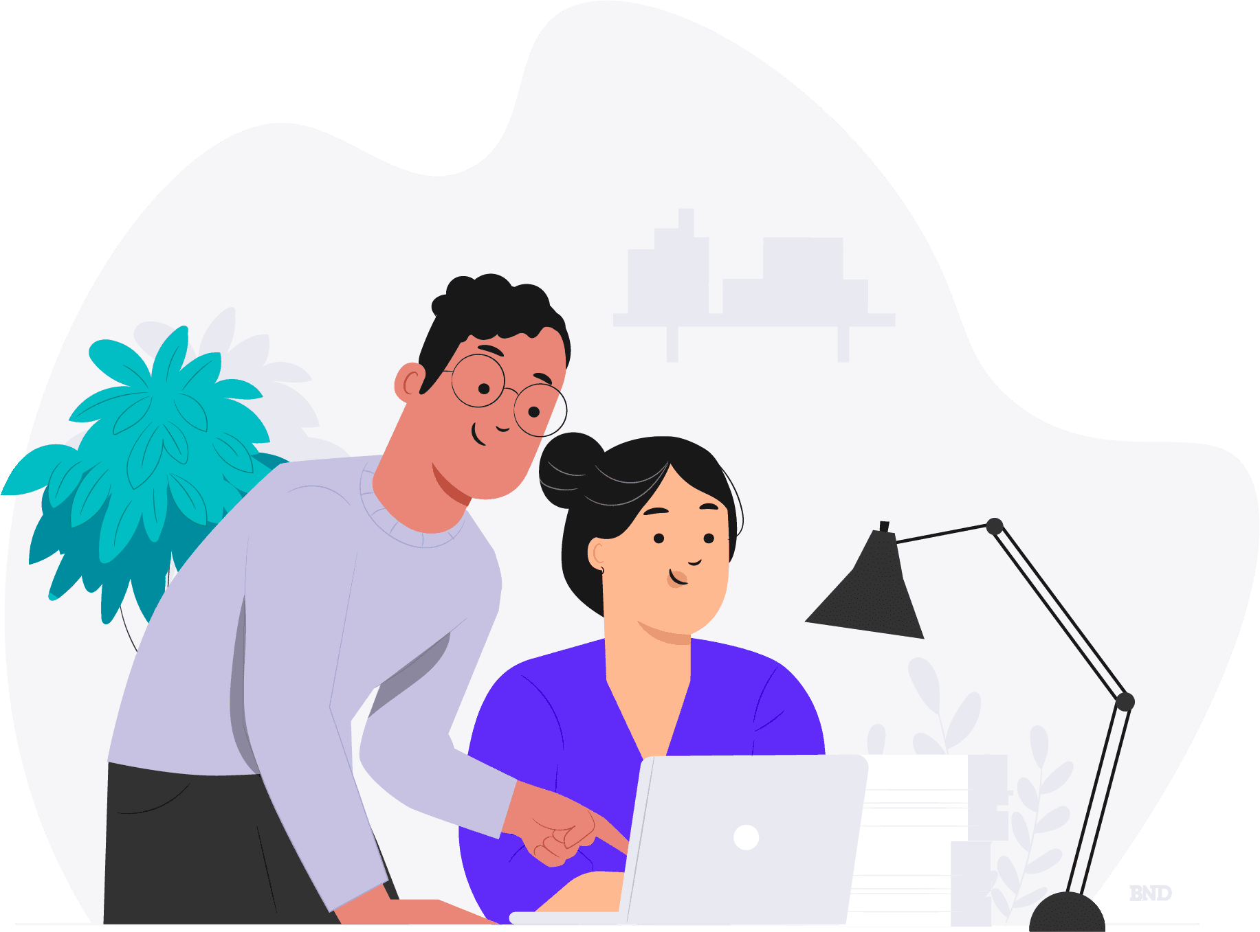 graphic of two colleagues in front of a laptop