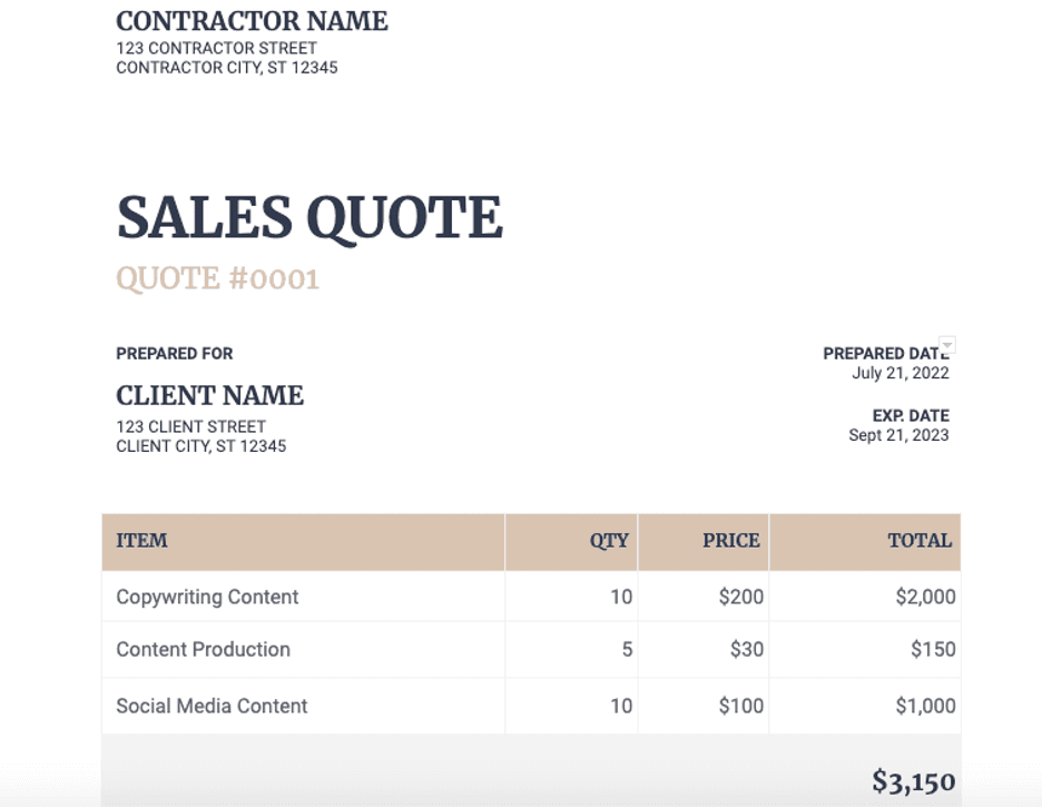 Sales quote example
