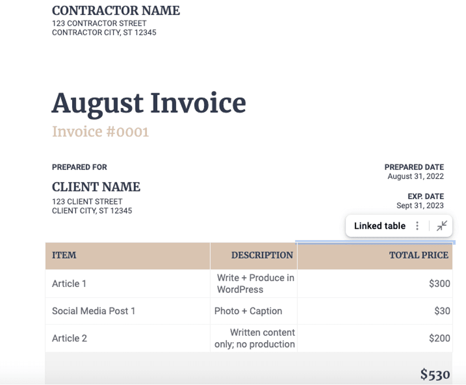August invoice example