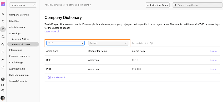 Dialpad company dictionary