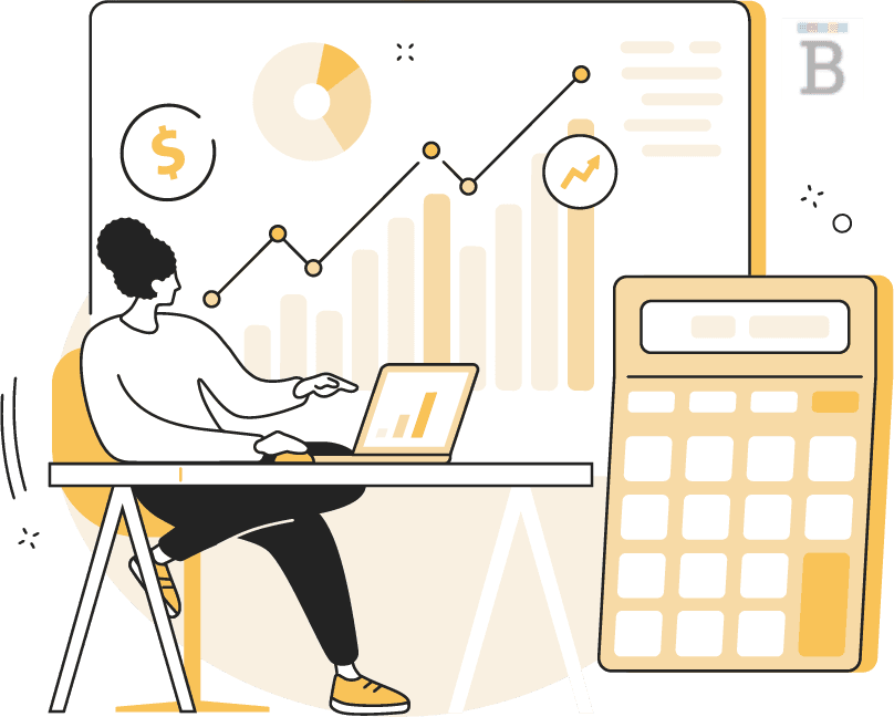 graphic of a person at a laptop next to a series of graphs and charts