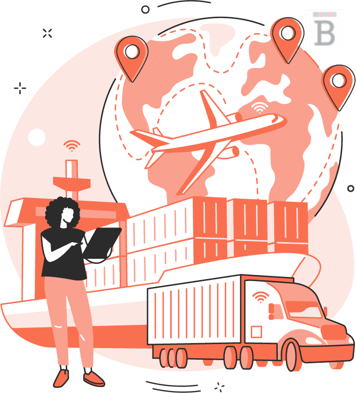 graphic of a person with a clipboard standing in front of a fleet truck and a cargo ship