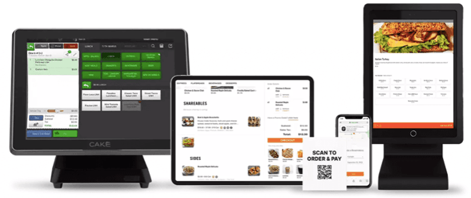 Cake POS displayed on a desktop, tablet, and a mobile device