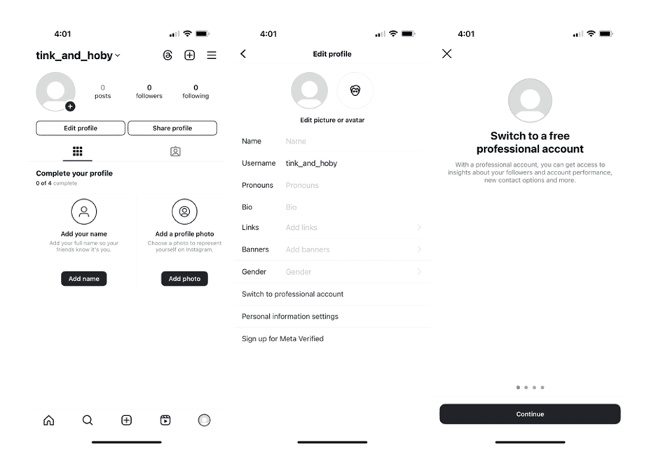 Creating a professional account on Instagram