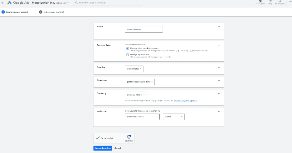 Google Ad Manager save account