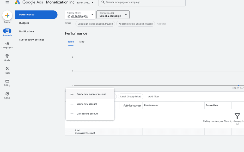 Google Ad Manager create a new manager account