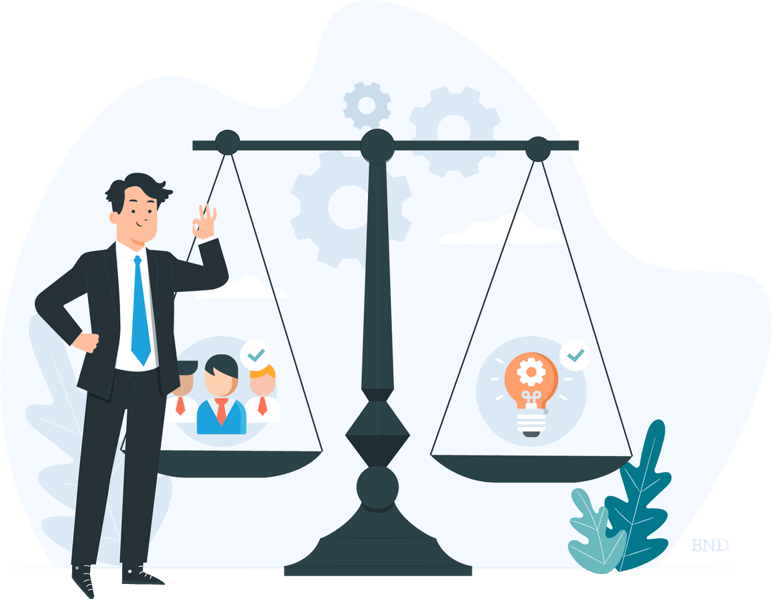 graphic of a businessperson in a suit next to a scale