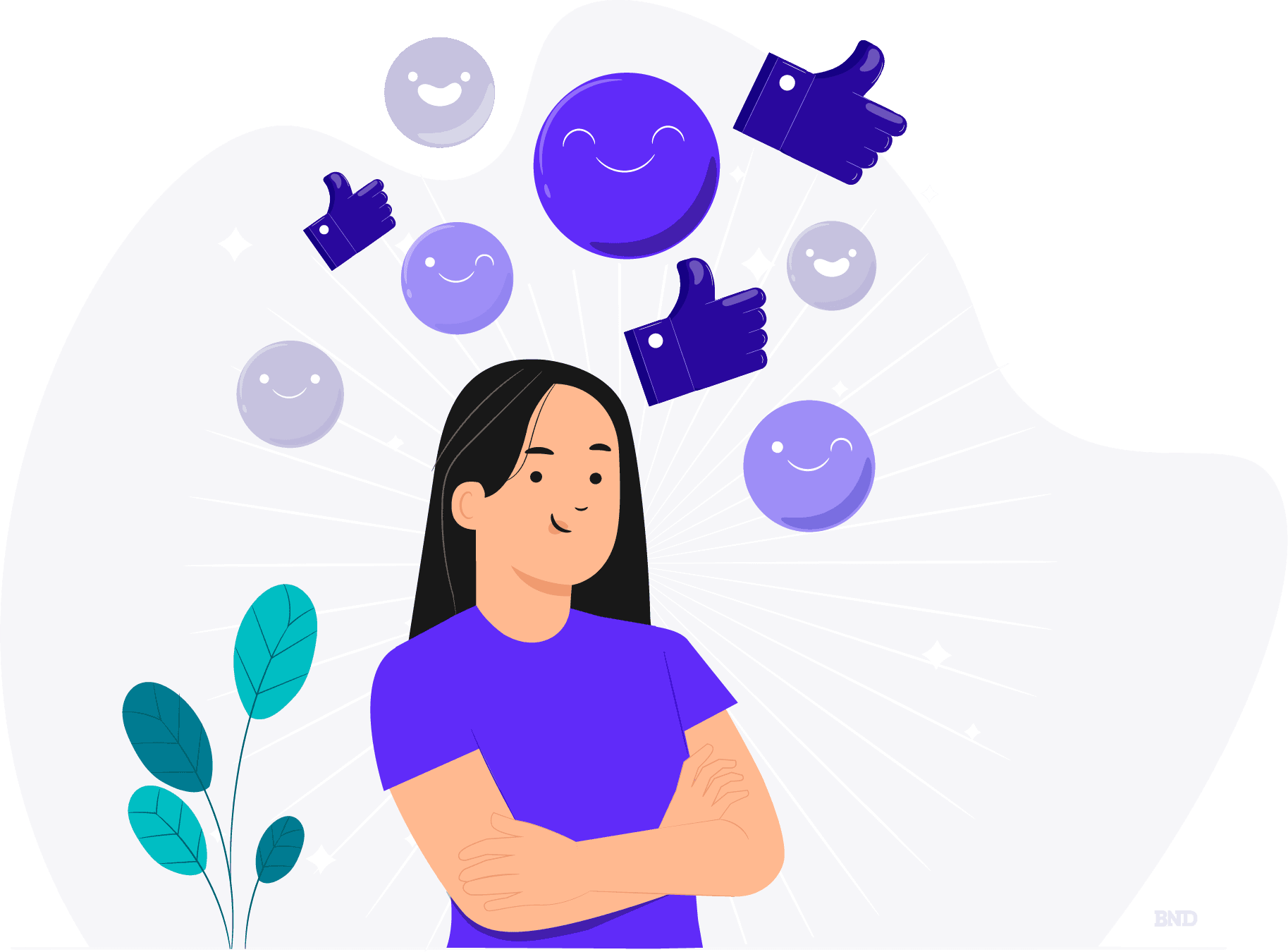 Person with thumbs up and smiley emojis around their head