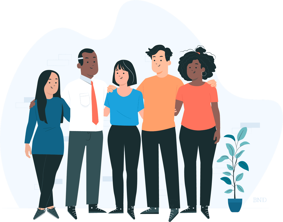 graphic of businesspeople standing in a line with their arms around each other