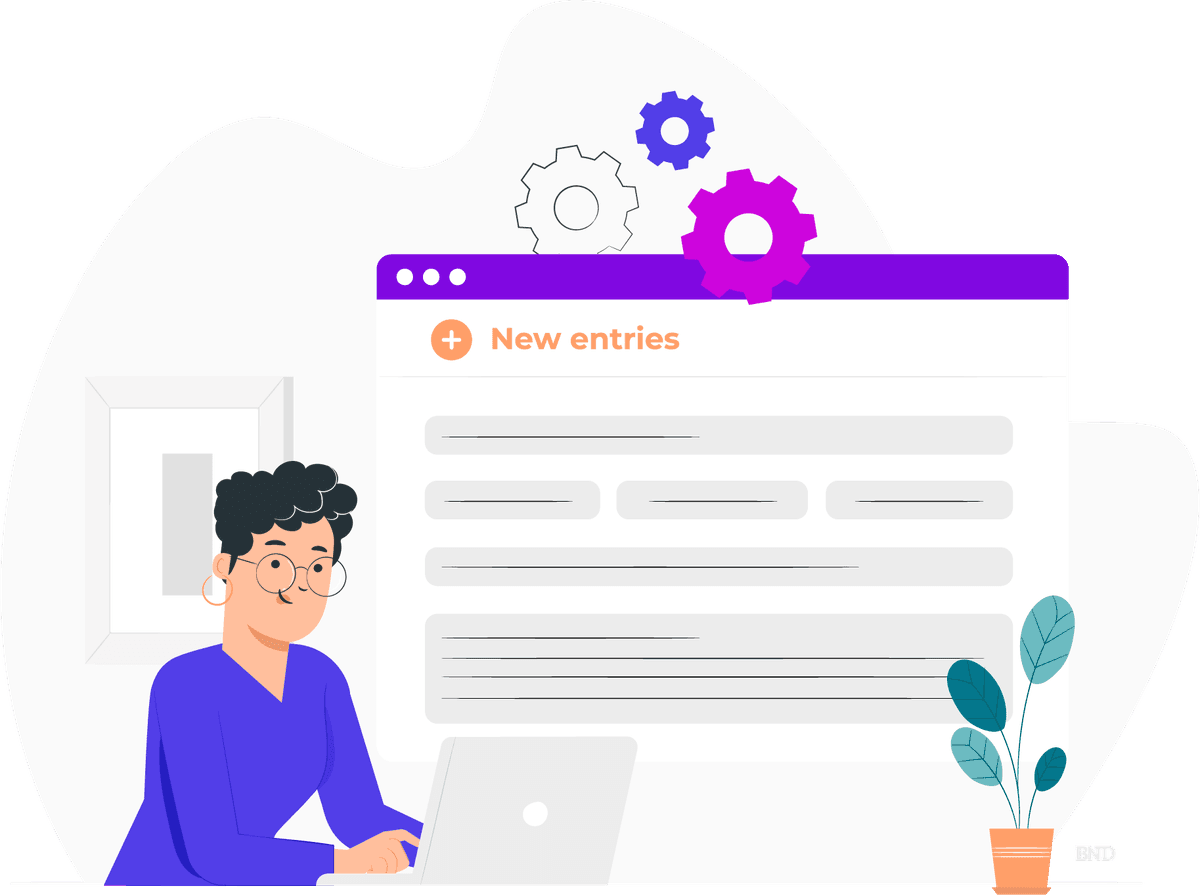 graphic of a businessperson in front of a computer screen that says New Entries