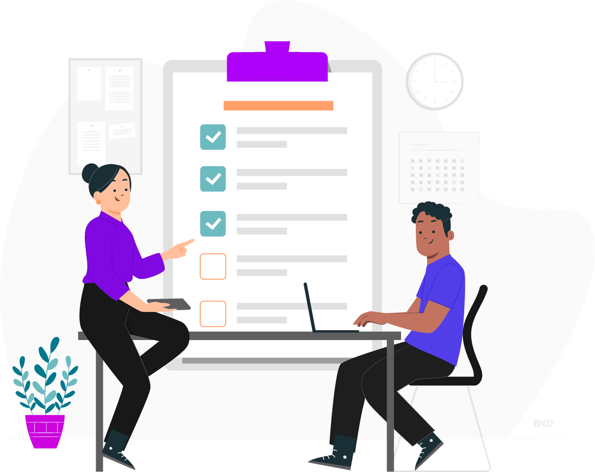 graphic of colleagues at a table in front of a clipboard