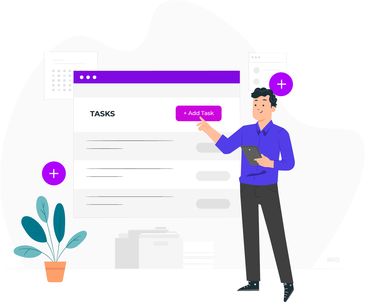 graphic of a businessperson in front of a computer screen labeled Tasks