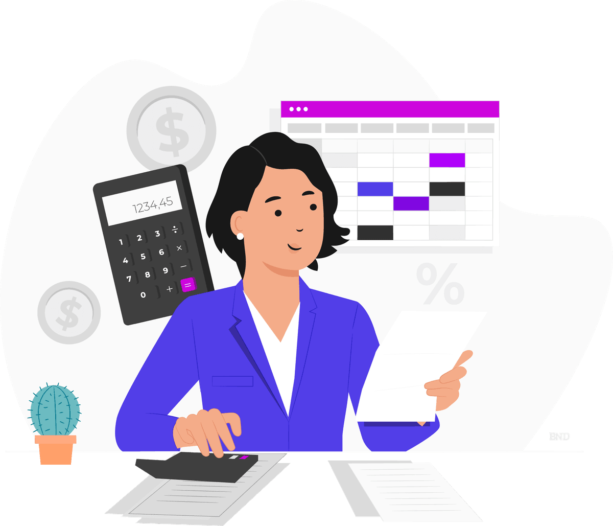 graphic of a businessperson in front of a calculator and a calendar