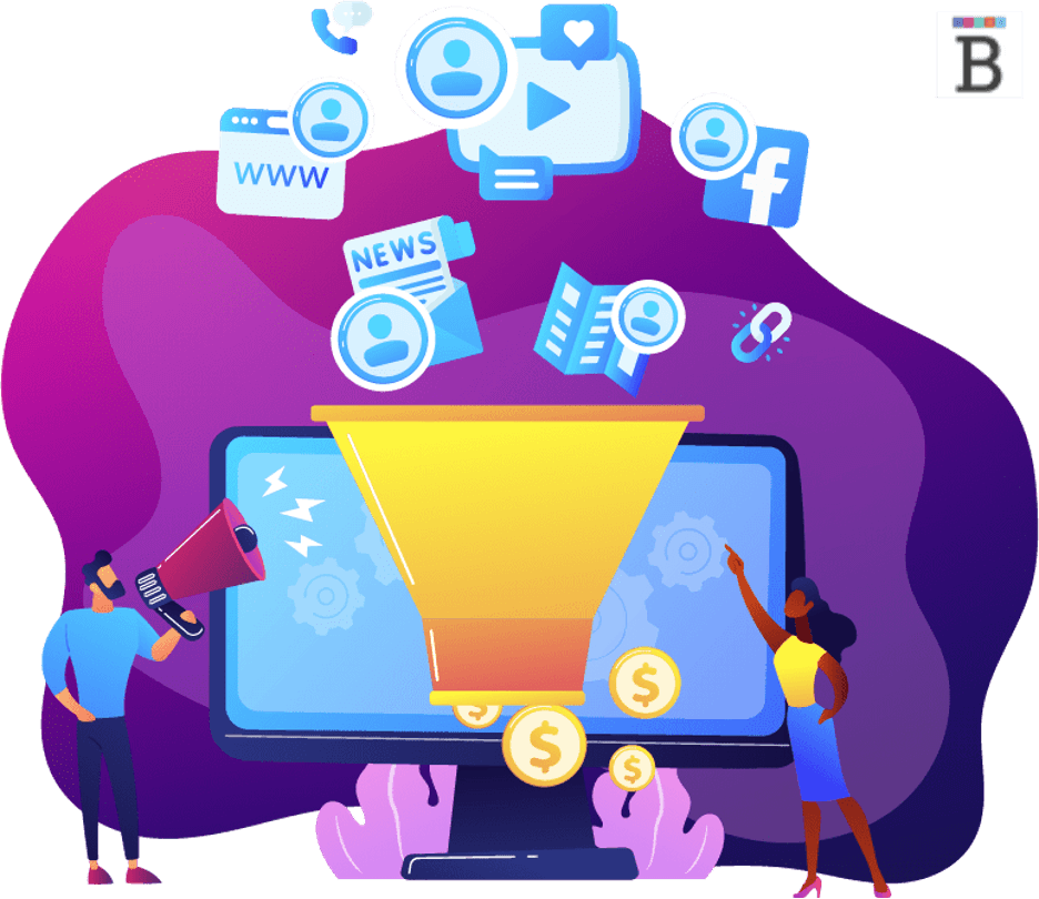 graphic of people funneling social media icons in front of a computer screen