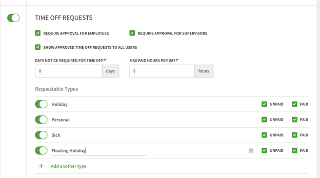 When I Work request off settings