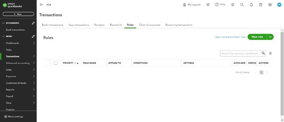 Quickbooks transactions screen