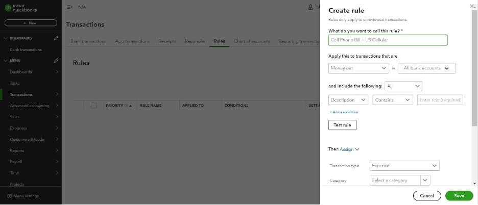 Quickbooks apply this to transactions that are section