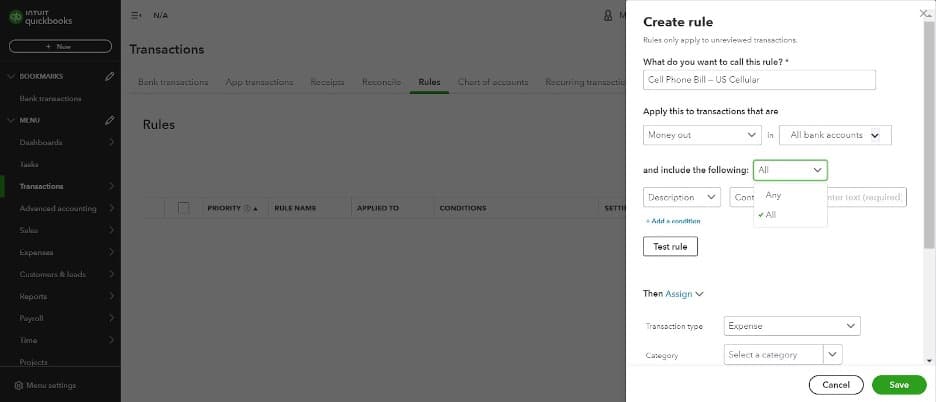 Quickbooks select any