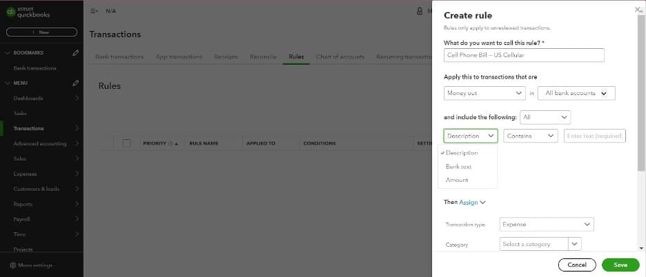 Quickbooks select amount