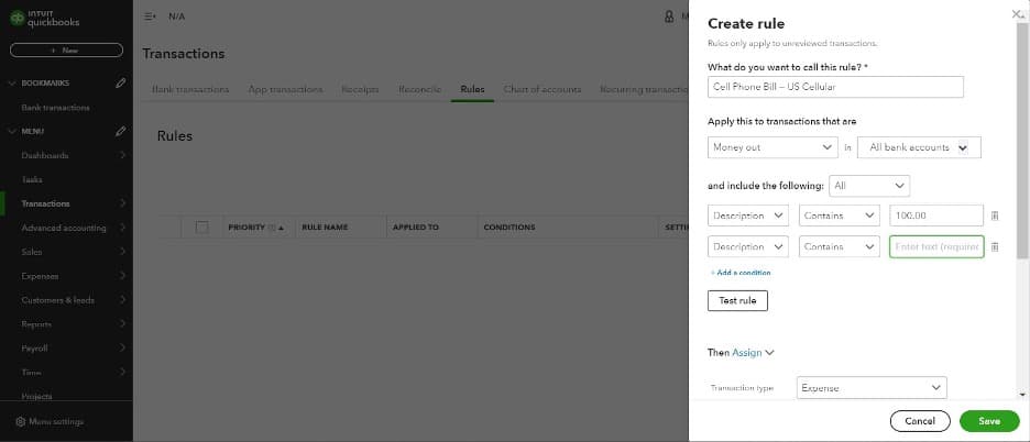 Quickbooks add conditions
