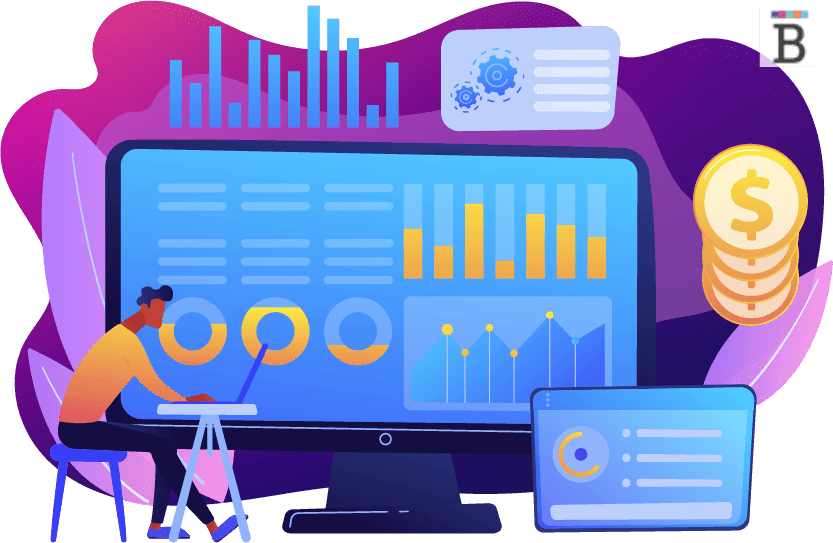 graphic of brightly colored computer monitors and graphs