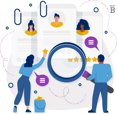 graphic of colleagues and one is holding a giant magnifying glass