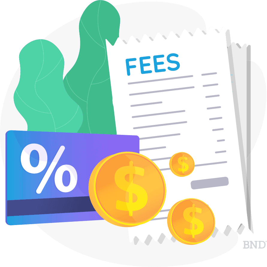 graphic of a credit card and coins and a paper that says "fees"